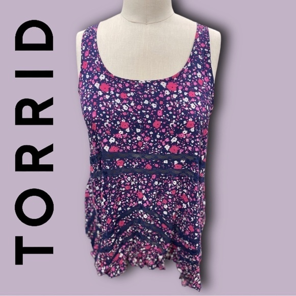 Torrid Purple floral Challis Hi-Lo Ruffle Tank Top - size 0 - Picture 1 of 11